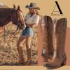 imageAOSPHIRAYLIAN Cowboy Boots for Women Almond Pointed Toe Knee High Boots Pull On Studded Chunky Heel Western Cowgirl Boots Fashion Retro Party Dress Shoes