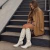 imageAOSPHIRAYLIAN Cowboy Boots for Women Chunky Block Heel Pull on Retro Round Toe Knee High Wide Calf Western Embroidery Mid Calf White Cowgirl Boots