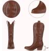 imageAOSPHIRAYLIAN Womens Embroidered Cowboy Boots Mid Calf Pull On Pointed Toe Chunky Heels Red BootsDark Brown