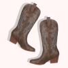 imageAOSPHIRAYLIAN Womens Embroidered Cowboy Boots Mid Calf Pull On Pointed Toe Chunky Heels Red BootsKhaki