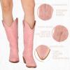 imageAOSPHIRAYLIAN Womens Embroidered Cowboy Boots Mid Calf Pull On Pointed Toe Chunky Heels Red BootsPink