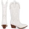 imageAOSPHIRAYLIAN Womens Embroidered Cowboy Boots Mid Calf Pull On Pointed Toe Chunky Heels Red BootsWhite