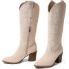 imageAOSPHIRAYLIAN Womens Knee High Boots for Women Pointed Toe Cowboy Cowgirl Boots with Embroidery Pull On Chunky Block High Heel Western BootsBeigesuede