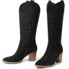 imageAOSPHIRAYLIAN Womens Knee High Boots for Women Pointed Toe Cowboy Cowgirl Boots with Embroidery Pull On Chunky Block High Heel Western BootsBlacksuede