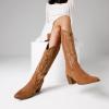 imageAOSPHIRAYLIAN Womens Knee High Boots for Women Pointed Toe Cowboy Cowgirl Boots with Embroidery Pull On Chunky Block High Heel Western BootsBrownsuede