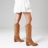 imageAOSPHIRAYLIAN Womens Knee High Boots for Women Pointed Toe Cowboy Cowgirl Boots with Embroidery Pull On Chunky Block High Heel Western BootsBrownsuede