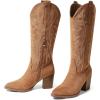 imageAOSPHIRAYLIAN Womens Knee High Boots for Women Pointed Toe Cowboy Cowgirl Boots with Embroidery Pull On Chunky Block High Heel Western BootsBrownsuede
