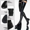 imageAOSPHIRAYLIAN Womens Over The Knee High Boots Chunky Heel Slip On Faux Leather Riding Surgical Stretch Thigh High BootsBlack