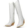 imageAOSPHIRAYLIAN Cowboy Boots for Women Chunky Block Heel Pull on Retro Round Toe Knee High Wide Calf Western Embroidery Mid Calf White Cowgirl Boots