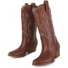 imageAOSPHIRAYLIAN Womens Embroidered Cowboy Boots Mid Calf Pull On Pointed Toe Chunky Heels Red BootsDark Brown