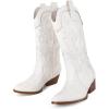 imageAOSPHIRAYLIAN Womens Embroidered Cowboy Boots Mid Calf Pull On Pointed Toe Chunky Heels Red BootsWhite