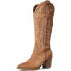 imageAOSPHIRAYLIAN Womens Knee High Boots for Women Pointed Toe Cowboy Cowgirl Boots with Embroidery Pull On Chunky Block High Heel Western BootsBrownsuede