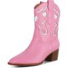 imageAOSPHIRAYLIAN Womens Pink Cowgirl Ankle Heart Cowboy Boots Pull On Round Toe Embroidered Chunky Western Party Dress Boots LadiesPink