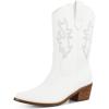 imageAOSPHIRAYLIAN Womens White Cowgirl Boots Wide Calf Short Cowboy Boots Pull On Round Toe Embroidered Chunky Western Party Dress Boots Ladies Size 8