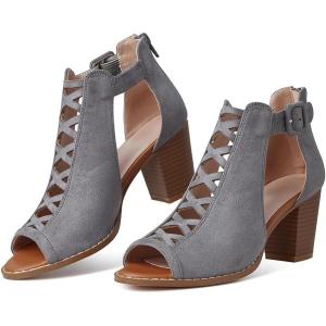 imageAOSPHIRAYLIAN Chunky Heeled Sandals for Women Open Round Toe Bohemian Cutout Heels Ankle Strap Pumps Summer Bridal Party Dress Shoes Gladiator Sandals for WomenGrey