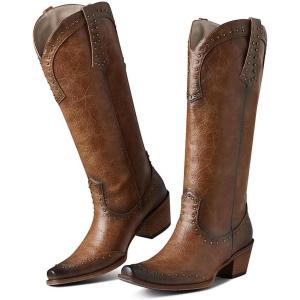 imageAOSPHIRAYLIAN Cowboy Boots for Women Almond Pointed Toe Knee High Boots Pull On Studded Chunky Heel Western Cowgirl Boots Fashion Retro Party Dress Shoes