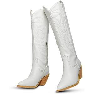 imageAOSPHIRAYLIAN Cowboy Boots for Women Chunky Block Heel Pull on Retro Round Toe Knee High Wide Calf Western Embroidery Mid Calf White Cowgirl Boots