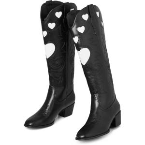 imageAOSPHIRAYLIAN Cowgirl Boots For Women Cute Heart Shape Cowboy Boots Fashion Womens Western Boots Pointed Toe Ladies Shoes Pull On Comfy Chunky Knee High BootsBlack