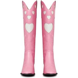 imageAOSPHIRAYLIAN Cowgirl Boots For Women Cute Heart Shape Cowboy Boots Fashion Womens Western Boots Pointed Toe Ladies Shoes Pull On Comfy Chunky Knee High BootsPink