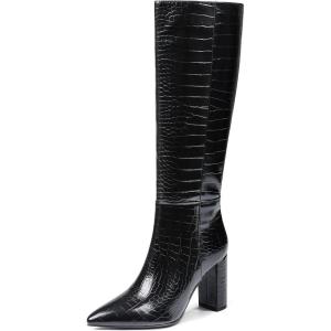 imageAOSPHIRAYLIAN Knee High Boots Women Snake Faux Crocodile Boots Long Tall Boots Pointed Toe Chunky High Heel Boots with Zipper Block Heel Fashion Dress Boots Pull On Size 610Black