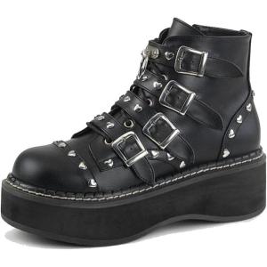 imageAOSPHIRAYLIAN Womens Ankle Boots Lace Up Zipper Punk Mid Heel Platform Gothic Combat Wedge Studded Boots