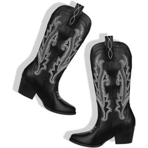 imageAOSPHIRAYLIAN Womens Embroidered Cowboy Boots Mid Calf Pull On Pointed Toe Chunky Heels Red BootsBlack