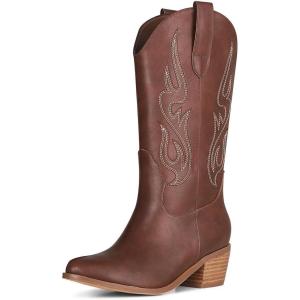 imageAOSPHIRAYLIAN Womens Embroidered Cowboy Boots Mid Calf Pull On Pointed Toe Chunky Heels Red BootsBrown