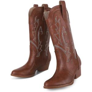 imageAOSPHIRAYLIAN Womens Embroidered Cowboy Boots Mid Calf Pull On Pointed Toe Chunky Heels Red BootsDark Brown