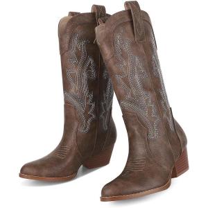 imageAOSPHIRAYLIAN Womens Embroidered Cowboy Boots Mid Calf Pull On Pointed Toe Chunky Heels Red BootsKhaki