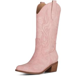 imageAOSPHIRAYLIAN Womens Embroidered Cowboy Boots Mid Calf Pull On Pointed Toe Chunky Heels Red BootsPink