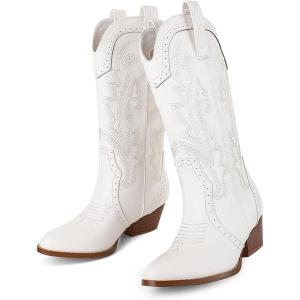 imageAOSPHIRAYLIAN Womens Embroidered Cowboy Boots Mid Calf Pull On Pointed Toe Chunky Heels Red BootsWhite