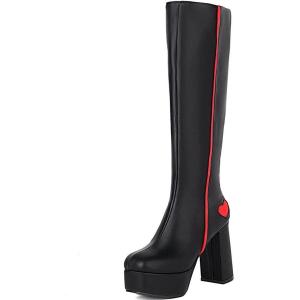 imageAOSPHIRAYLIAN Womens Go Go Boots Block Heel Zipper Sweet Heart Platform Knee High Boots5black Red Pu