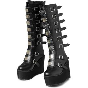 imageAOSPHIRAYLIAN Womens Goth Knee High Boots Wedge High Heel Motorcycle Punk Combat Platform Boots