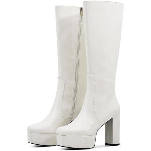 imageAOSPHIRAYLIAN Womens Knee High Boots Round Toe Side Zipper Chunky High Heel Go Go Platform Boots5white Patentfba