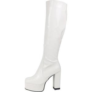 imageAOSPHIRAYLIAN Womens Knee High Boots Round Toe Side Zipper Sweet Heart Chunky High Heel Go Go Platform Boots