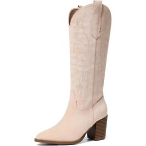 imageAOSPHIRAYLIAN Womens Knee High Boots for Women Pointed Toe Cowboy Cowgirl Boots with Embroidery Pull On Chunky Block High Heel Western BootsBeigesuede