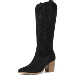 imageAOSPHIRAYLIAN Womens Knee High Boots for Women Pointed Toe Cowboy Cowgirl Boots with Embroidery Pull On Chunky Block High Heel Western BootsBlacksuede