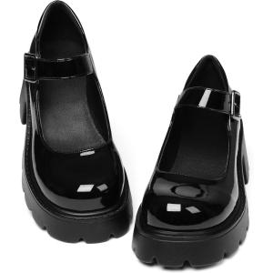 imageAOSPHIRAYLIAN Womens Mary Janes Shoes Round Toe Platform Ankle Strap Chunky Heel Pink Uniform Dress ShoesBlack Patent