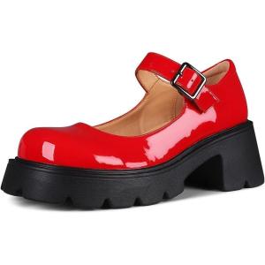 imageAOSPHIRAYLIAN Womens Mary Janes Shoes Round Toe Platform Ankle Strap Chunky Heel Pink Uniform Dress ShoesRed