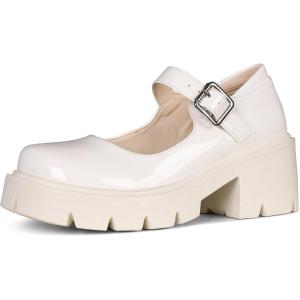 imageAOSPHIRAYLIAN Womens Mary Janes Shoes Round Toe Platform Ankle Strap Chunky Heel Pink Uniform Dress ShoesWhite
