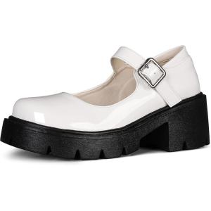 imageAOSPHIRAYLIAN Womens Mary Janes Shoes Round Toe Platform Ankle Strap Chunky Heel Pink Uniform Dress ShoesWhite Pu