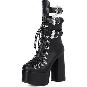 imageAOSPHIRAYLIAN Womens Mid Calf Boots Punk Platform Chunky High Heeled Motorcycle Combat Gothic Boots