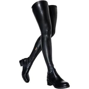 imageAOSPHIRAYLIAN Womens Over The Knee High Boots Chunky Heel Slip On Faux Leather Riding Surgical Stretch Thigh High BootsBlack