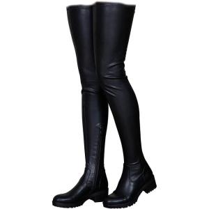 imageAOSPHIRAYLIAN Womens Thigh High Boots Round Toe Low Chunky Heel Flat Slip On Sexy PU Leather Surgical Stretch Riding Long Tall Over the Knee High Boots Black