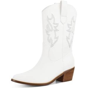 imageAOSPHIRAYLIAN Womens White Cowgirl Boots Wide Calf Short Cowboy Boots Pull On Round Toe Embroidered Chunky Western Party Dress Boots Ladies Size 8