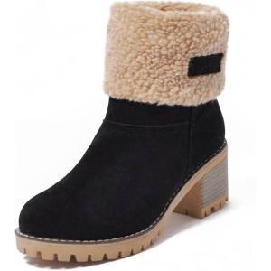 imageAOSPHIRAYLIAN Womens Winter Fur Lined Snow Boots for Women Mid Calf Round Toe Chunky Heel Resistant Warm Ankle Boots Comfy Suede Booties Pull On Shoes for WomenBlack