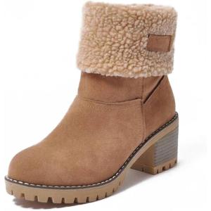 imageAOSPHIRAYLIAN Womens Winter Fur Lined Snow Boots for Women Mid Calf Round Toe Chunky Heel Resistant Warm Ankle Boots Comfy Suede Booties Pull On Shoes for WomenKhaki