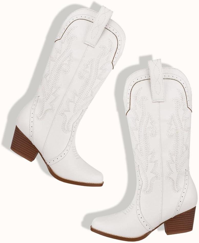 imageAOSPHIRAYLIAN Cowboy Boots for Women Retro Pointed Toe Pull On Block Chunky Heel Glitter Sparkly Metallic Embroidecamel Country Concert Outfits Calf Western Cowgirl BootsWhite