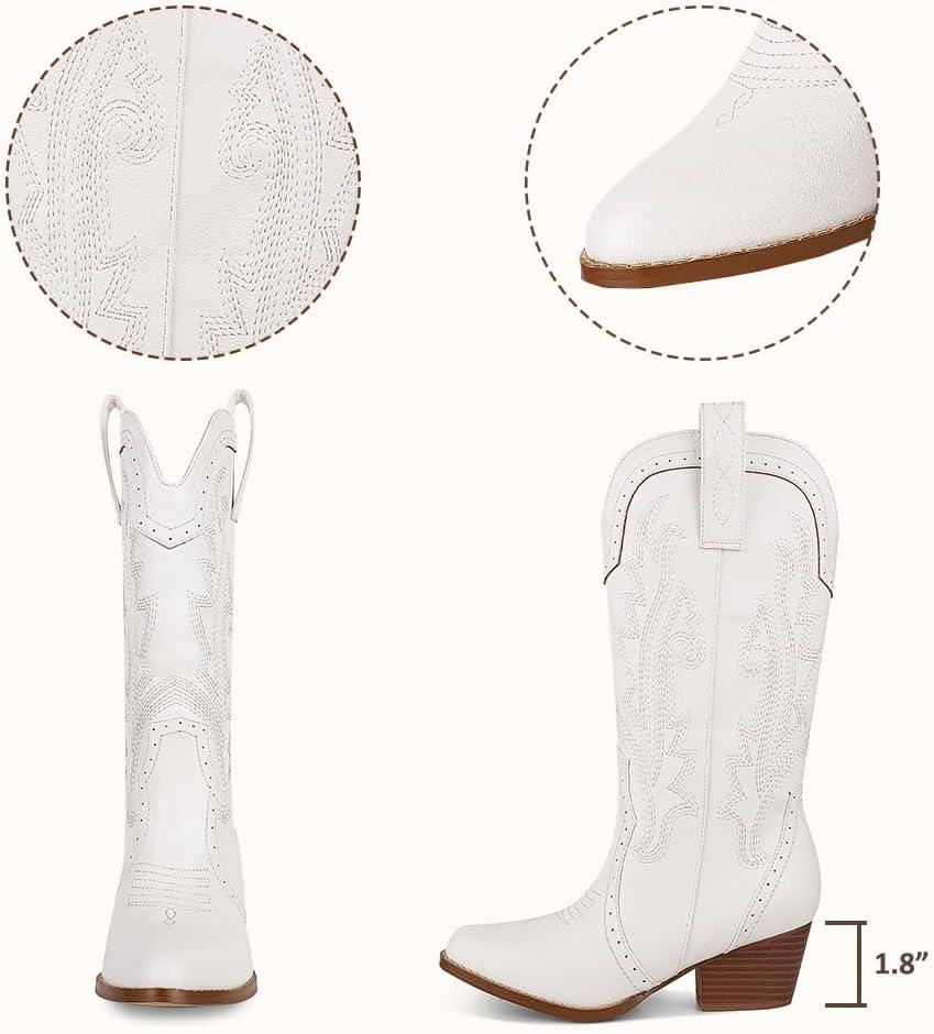 imageAOSPHIRAYLIAN Cowboy Boots for Women Retro Pointed Toe Pull On Block Chunky Heel Glitter Sparkly Metallic Embroidecamel Country Concert Outfits Calf Western Cowgirl BootsWhite