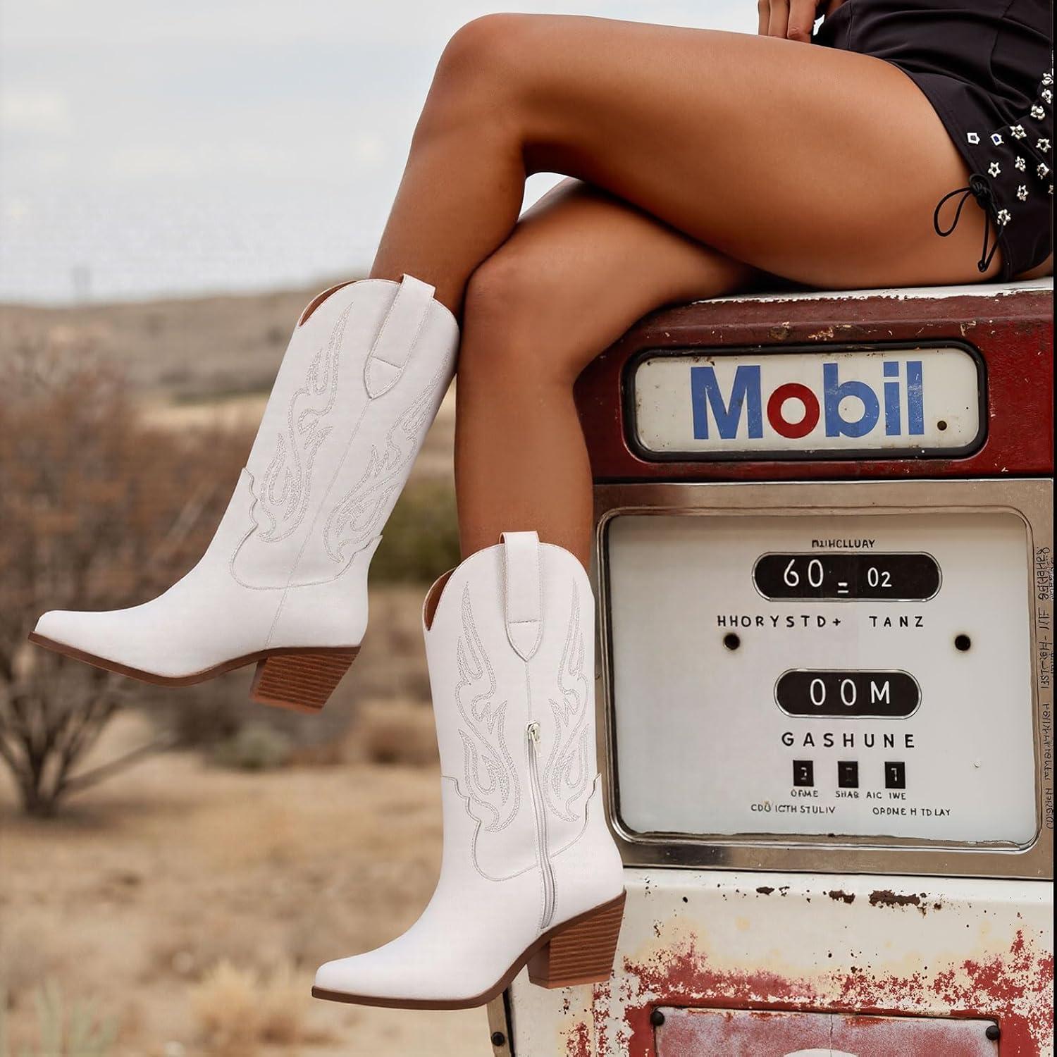 imageAOSPHIRAYLIAN Cowboy Boots for Women Retro Pointed Toe Pull On Block Chunky Heel Glitter Sparkly Metallic Embroidecamel Country Concert Outfits Calf Western Cowgirl BootsWhite Matte